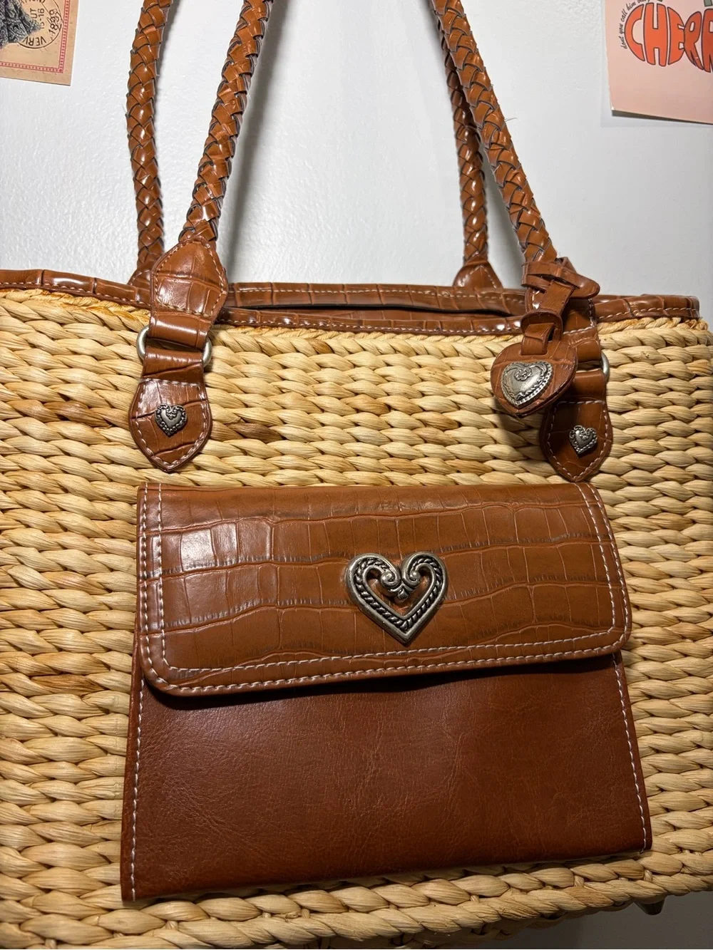 Woven Straw Tote with Brown Leather Trim and Heart Accent - Picture 4 of 5
